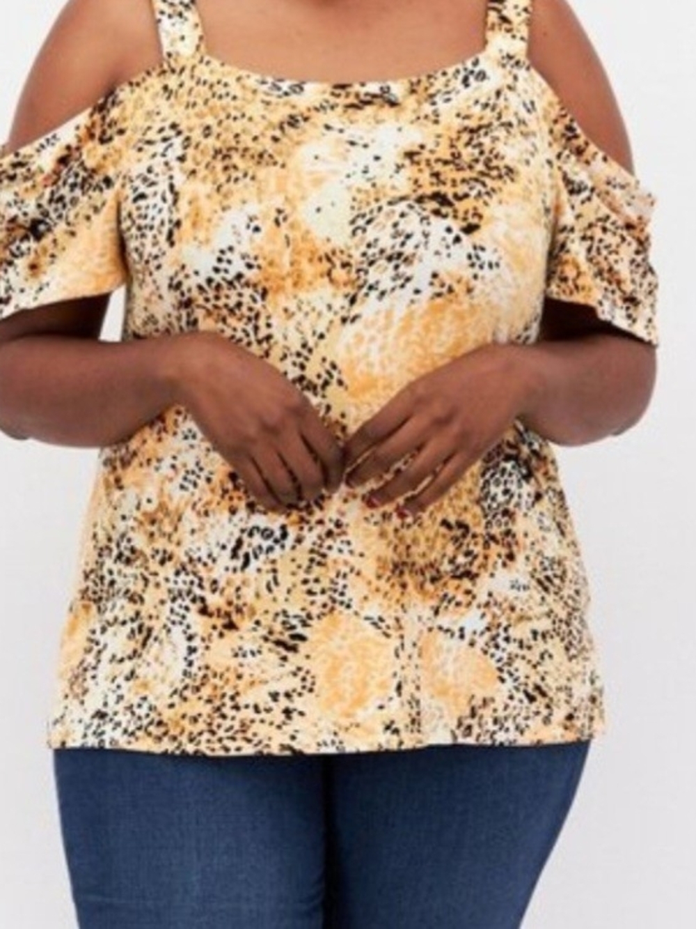Plus Size Cold-Shoulder Top in Yellow Animal Print J.M. COLLECTION 3X
